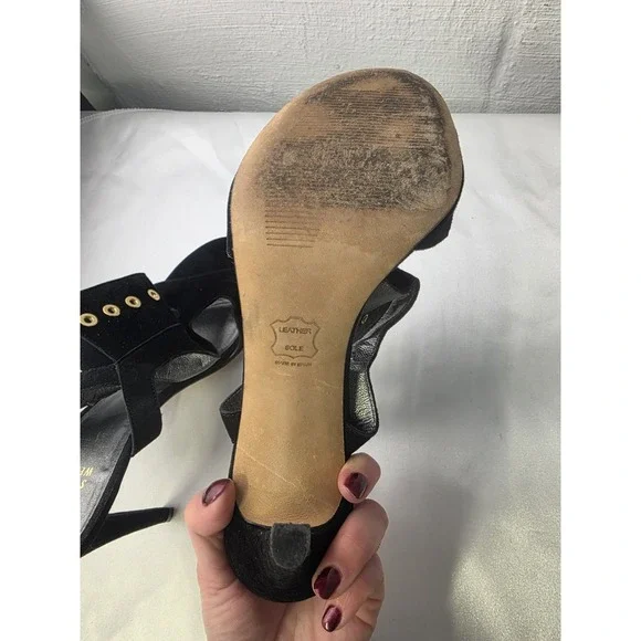 Stuart Weitzman Black Suede Frenchcuff Ankle Strap Stiletto Heels Sandals Sz 9.5